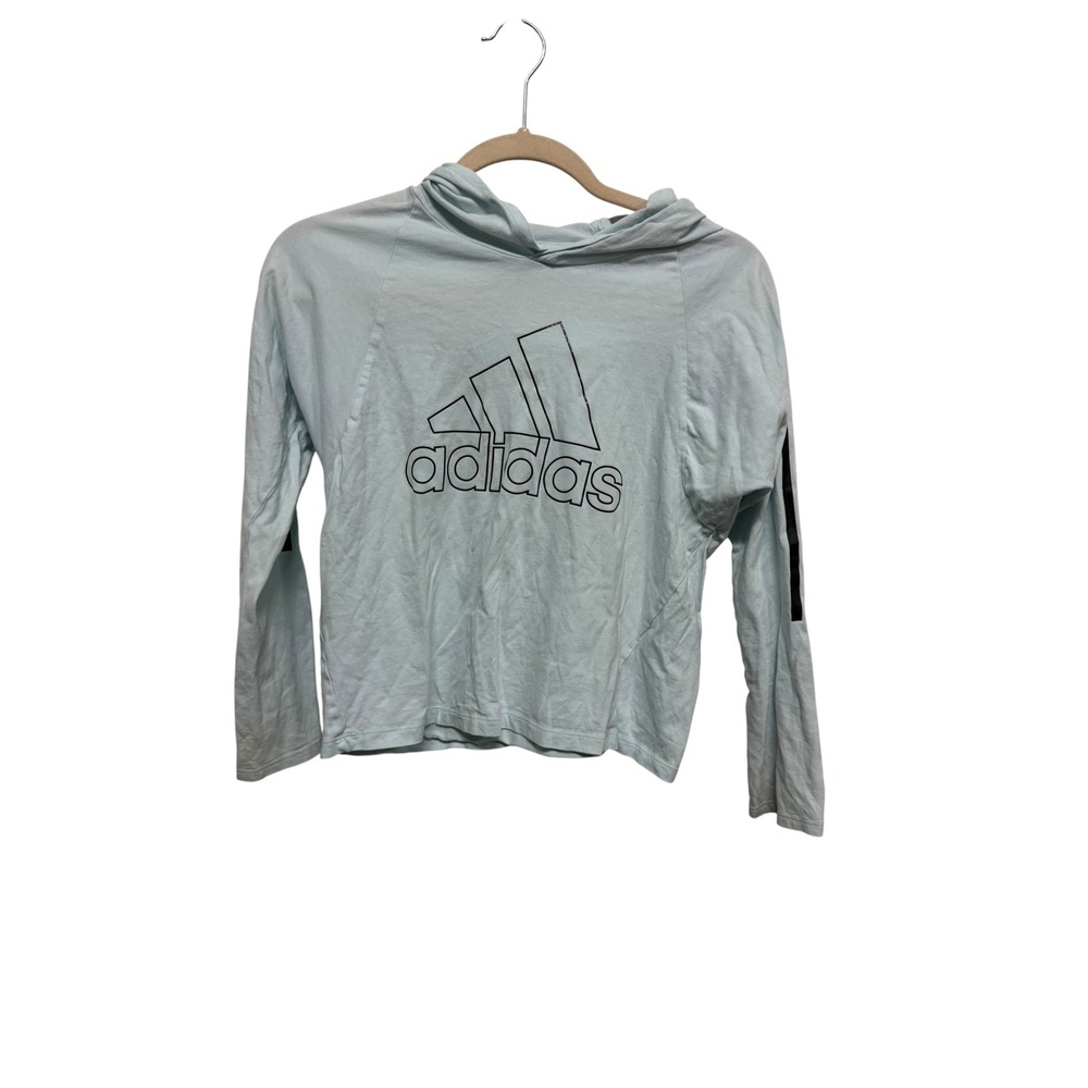 Adidas Kids Youth Large 14 Light Blue Hooded Long Sleeve Logo Shirt